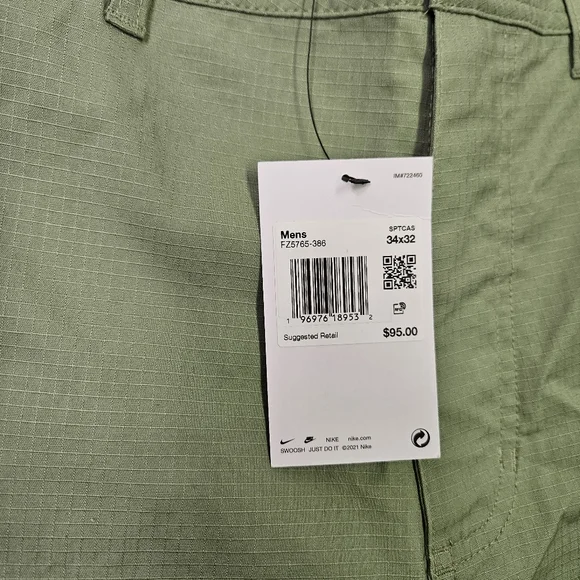Nike Club Standard Fit Oil Green Cargo Pants FZ5765-386 Men's Size 34x32